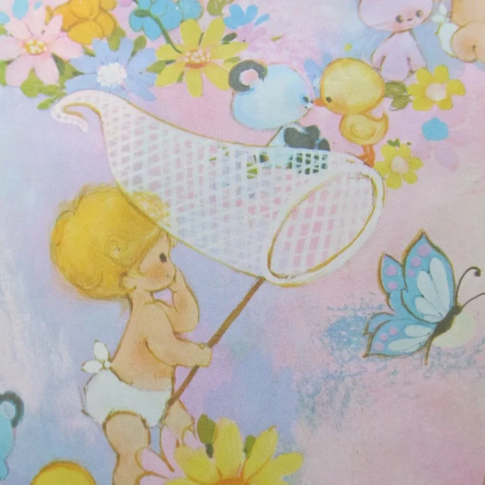 Vintage Baby Gift Wrap Cute Bears Bunnies Ducks Kittens Butterflies Nets 1 Piece
